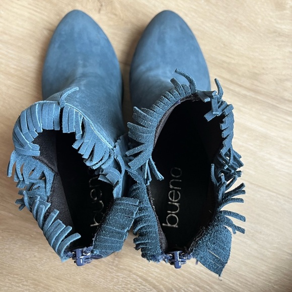Bueno Cathy Fringed Ankle Booties Blue Suede Leather US 5.5 EU 36 Block Heel - Picture 7 of 8